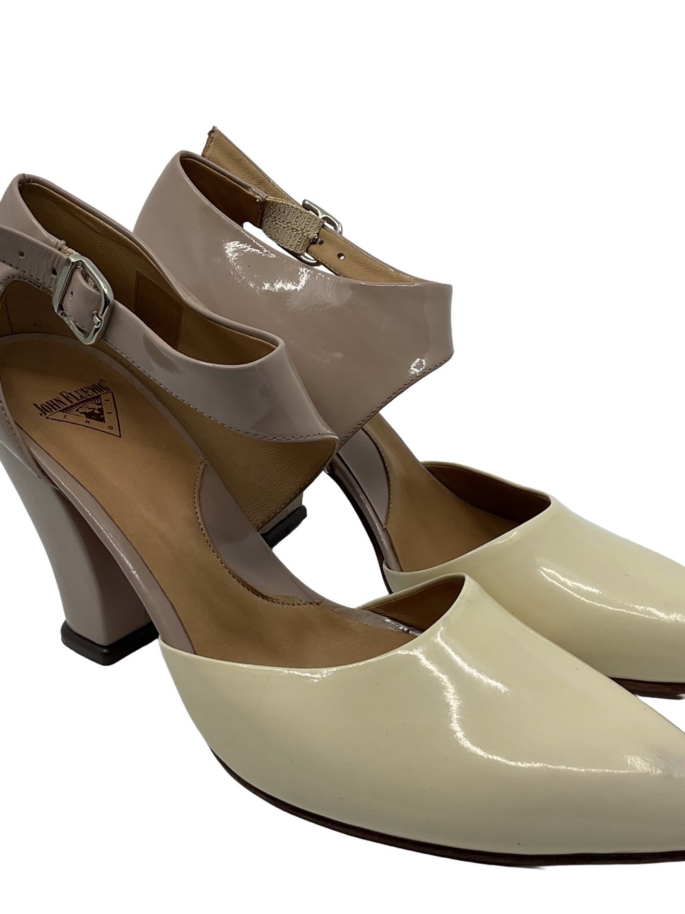 John Fluevog Elegant Conversation Two-Tone Patent Leather Pumps in Cream & Taupe
